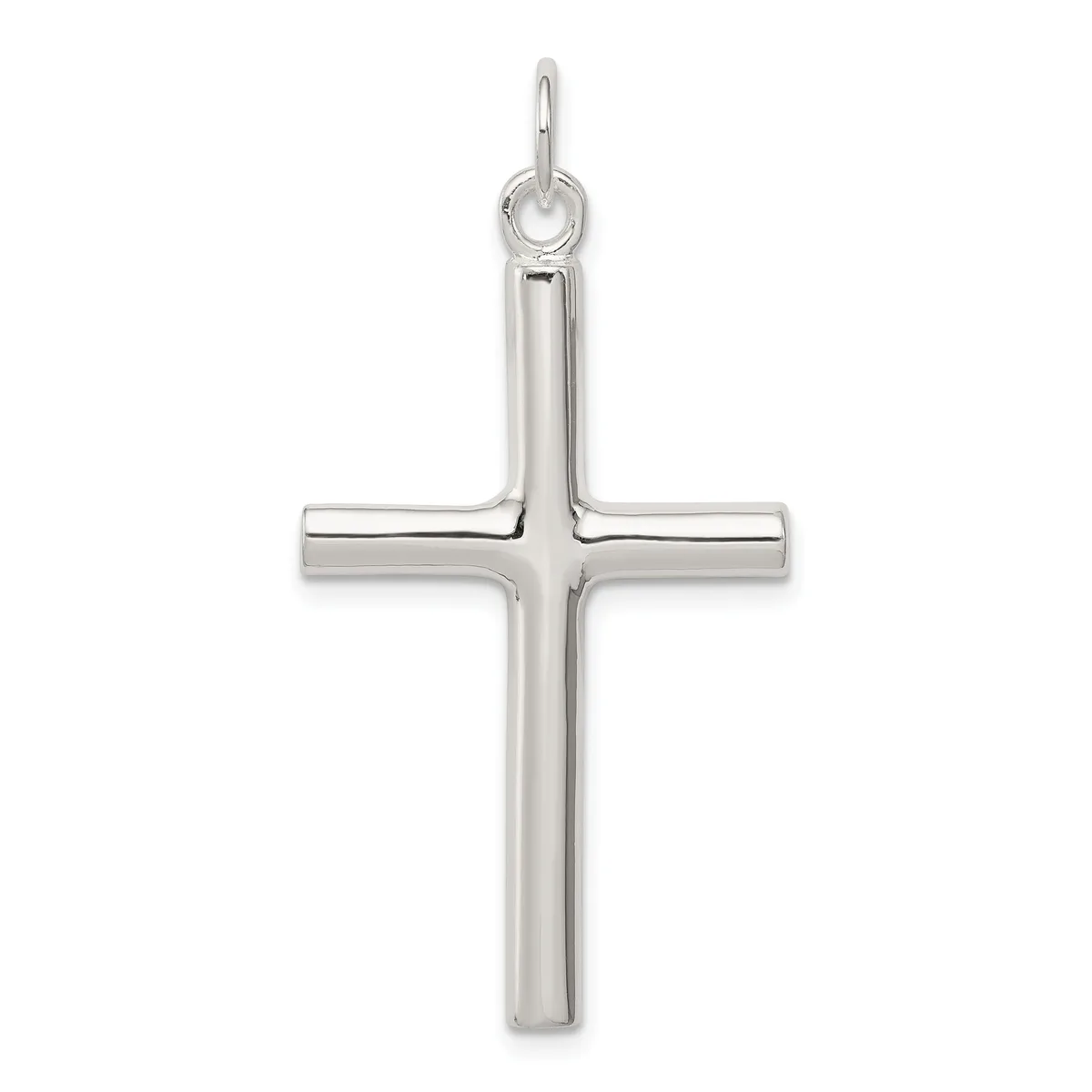 A polished silver cross pendant with a hollow rectangular design and a loop attachment at the top.