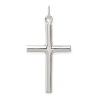 A polished silver cross pendant with a hollow rectangular design and a loop attachment at the top.
