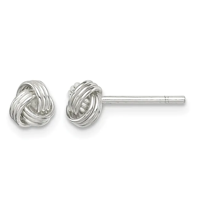 Pair of silver-toned knot stud earrings with polished finish, shown from front view with posts and backs visible.
