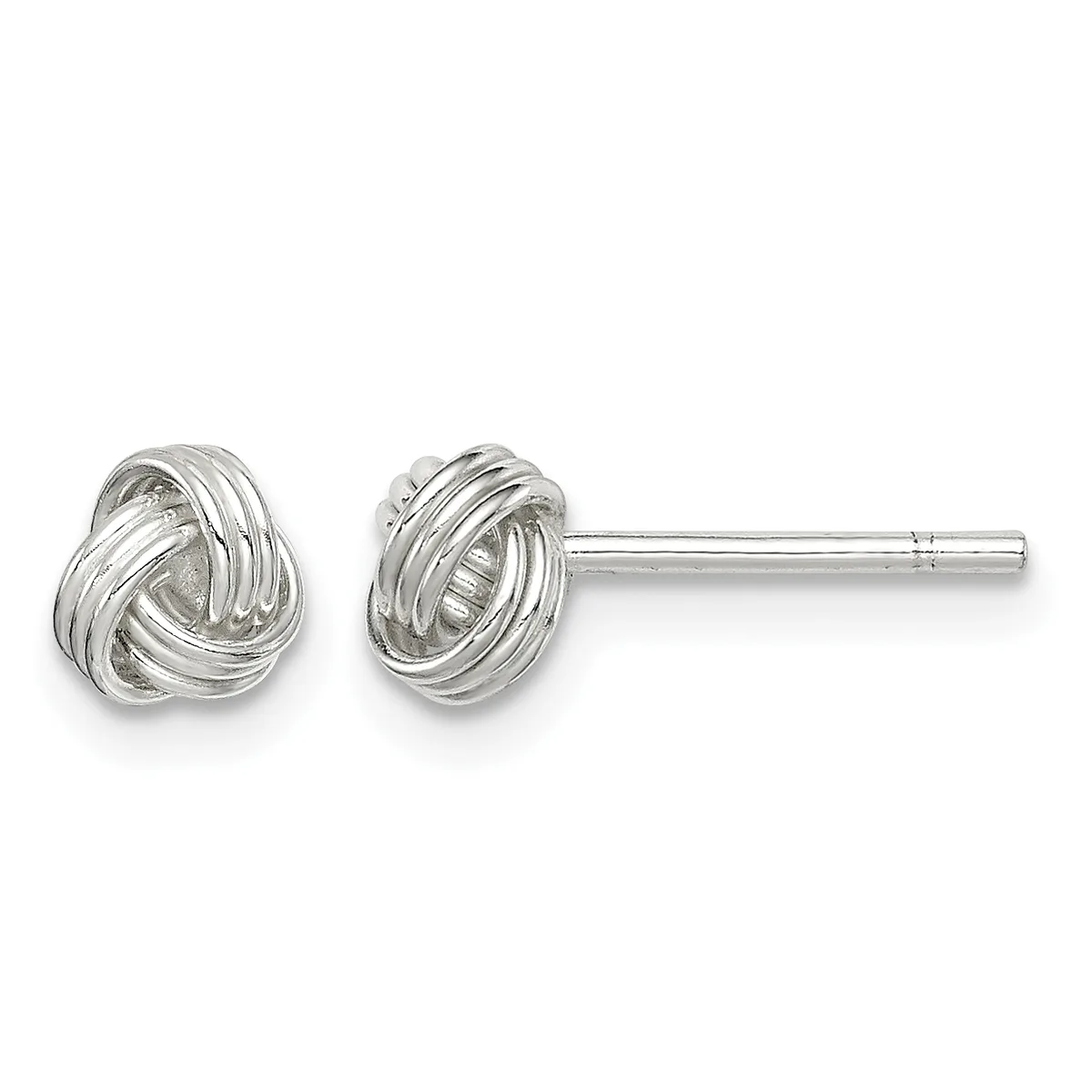 Pair of silver-toned knot stud earrings with polished finish, shown from front view with posts and backs visible.