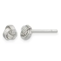 Pair of silver-toned knot stud earrings with polished finish, shown from front view with posts and backs visible.