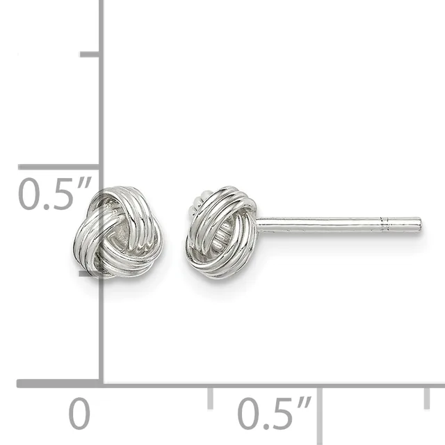 A pair of silver stud earrings with interlocking twisted knot designs, shown next to a measurement scale indicating they are approximately 0.5 inches in diameter.