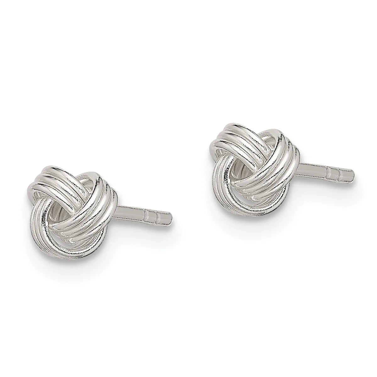 A pair of polished silver knot stud earrings displayed against a white background.