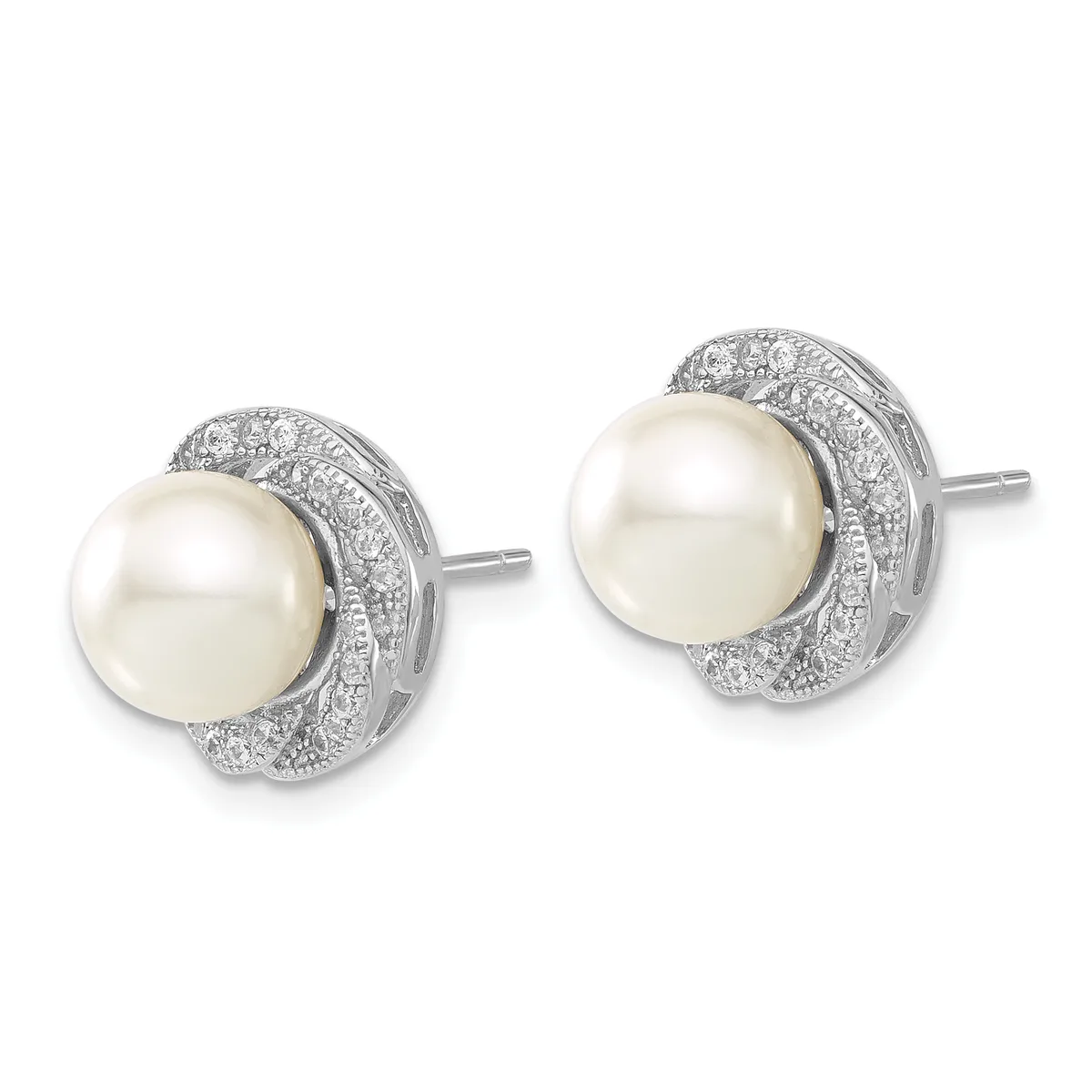 A pair of stud earrings featuring white pearls surrounded by pavé-set diamonds in white metal, shown from the front.