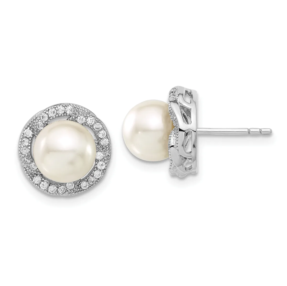 Pair of silver stud earrings featuring round white pearls surrounded by circular halos of small diamonds, shown from front and back views.