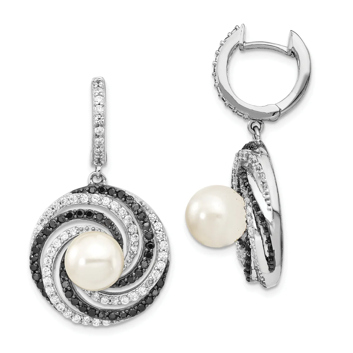 A pair of silver drop earrings featuring white pearls surrounded by concentric circles of black and white diamonds, shown from front and side views.