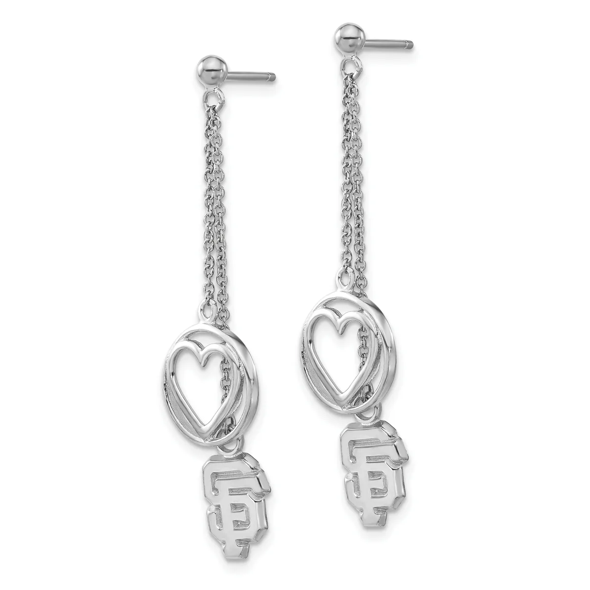 Pair of silver dangle earrings with chain links, heart-shaped frames, and small shield charms at the bottom, shown on a white background.