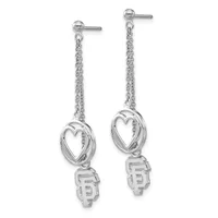 Pair of silver dangle earrings with chain links, heart-shaped frames, and small shield charms at the bottom, shown on a white background.