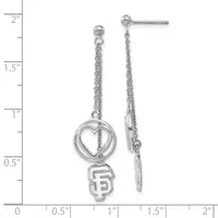 Pair of silver dangle earrings featuring a heart charm above an SF logo, suspended from chain and ball posts, approximately two inches long.