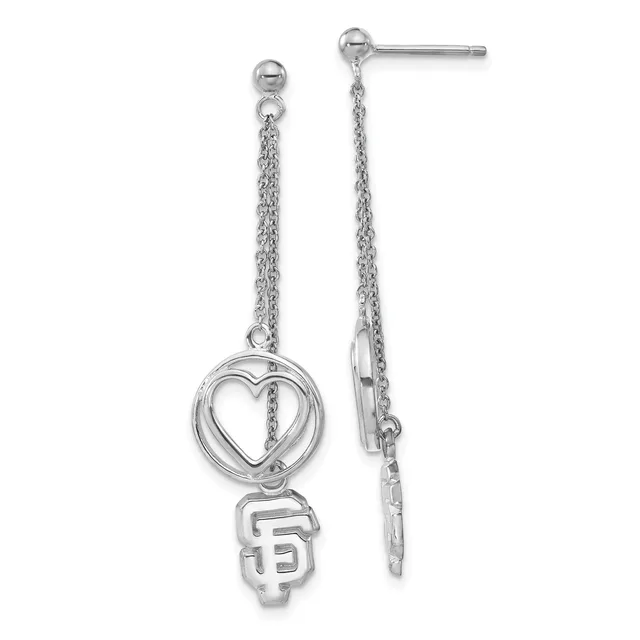 Pair of silver dangle earrings with chain strands suspending a heart outline charm above a geometric logo charm.