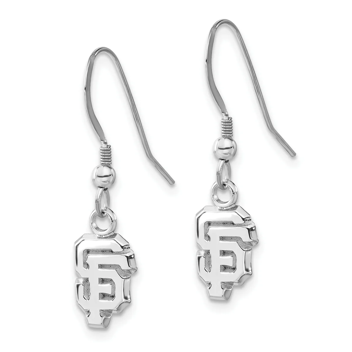 Pair of silver-toned earrings with curved ear wires and small geometric pendant charms featuring interlocking angular designs, displayed against a white background.