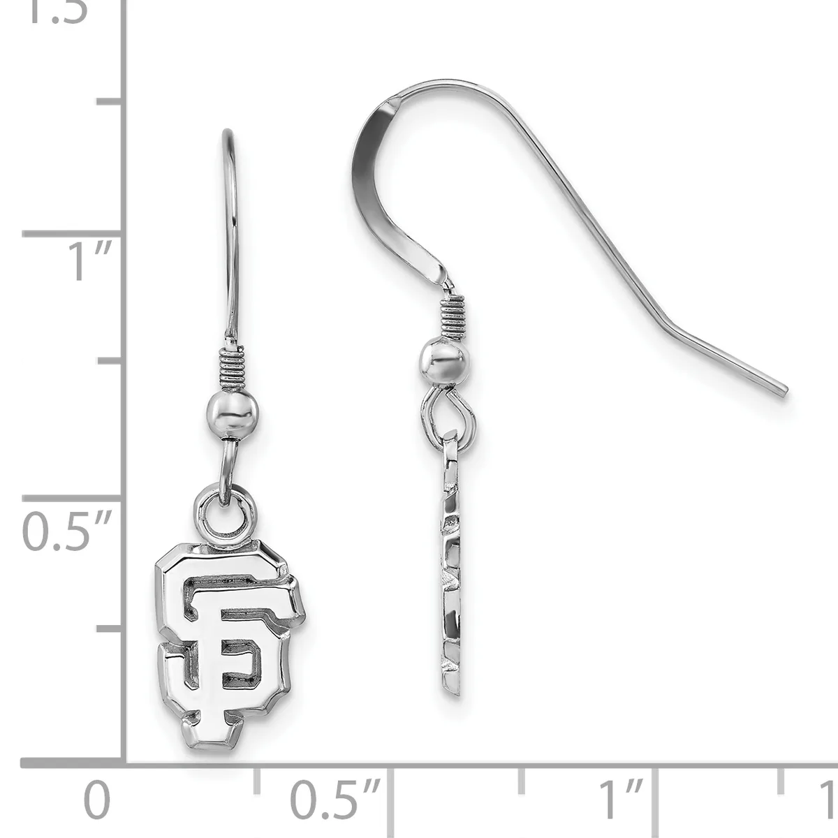 Pair of silver-toned dangle earrings with fish hook wires, featuring small SF logo charms, displayed against a measurement scale showing approximately one inch in length.