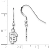 Pair of silver-toned dangle earrings with fish hook wires, featuring small SF logo charms, displayed against a measurement scale showing approximately one inch in length.