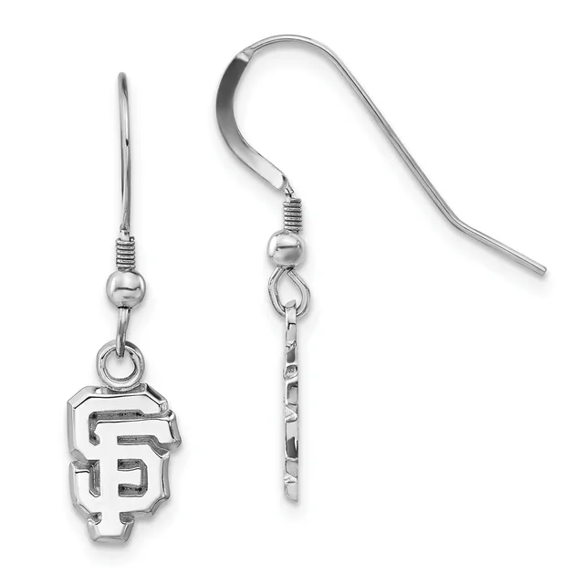 Pair of silver-toned dangle earrings with SF logo charms, featuring fish hook wires and ball-and-coil connectors.