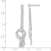 Silver dangle earrings with chain drop, hollow heart charm, and cross detail, displayed against a ruler showing approximately 1.75 inches in length.