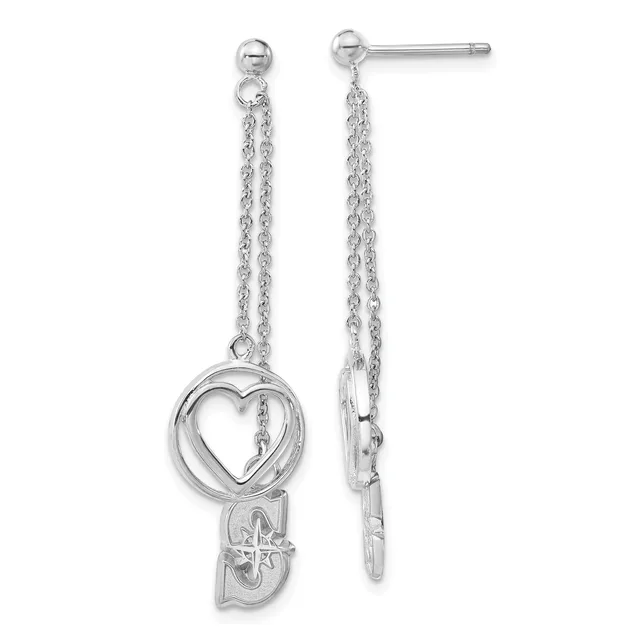 Silver dangling earrings with chain drops suspending open heart charms and decorative rectangular pendants below, shown from front and back views.