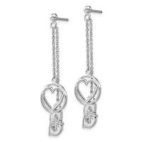 Pair of silver dangle earrings featuring delicate chains suspended from stud posts, each terminating in a circular heart outline above a small cross charm.