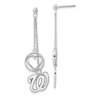 Pair of silver drop earrings with chain links, small ball posts, heart charm, and W initial charm dangling below.