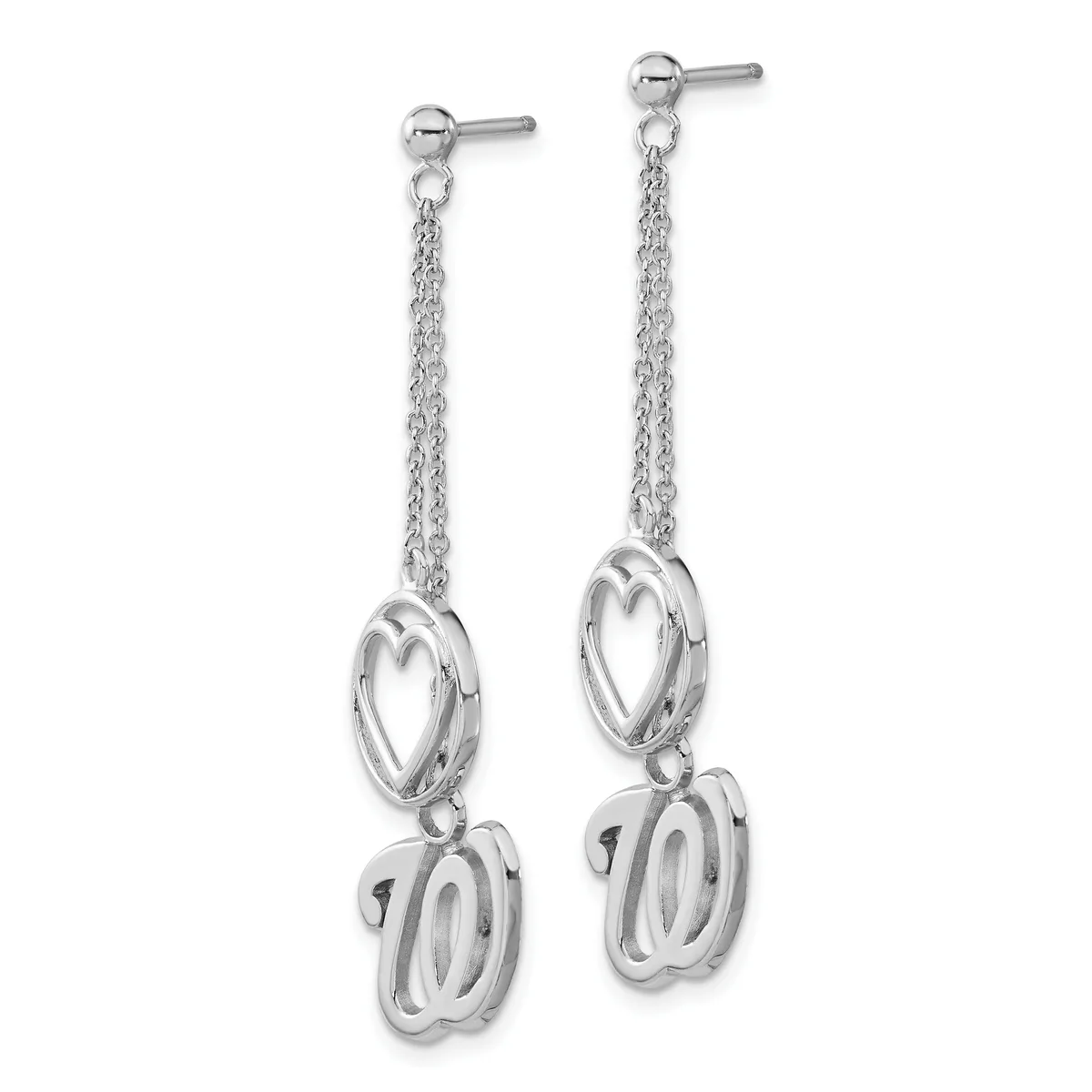 Pair of silver dangle earrings with chain drops, oval link tops, and apple-shaped charms at the bottom, displayed against a white background.
