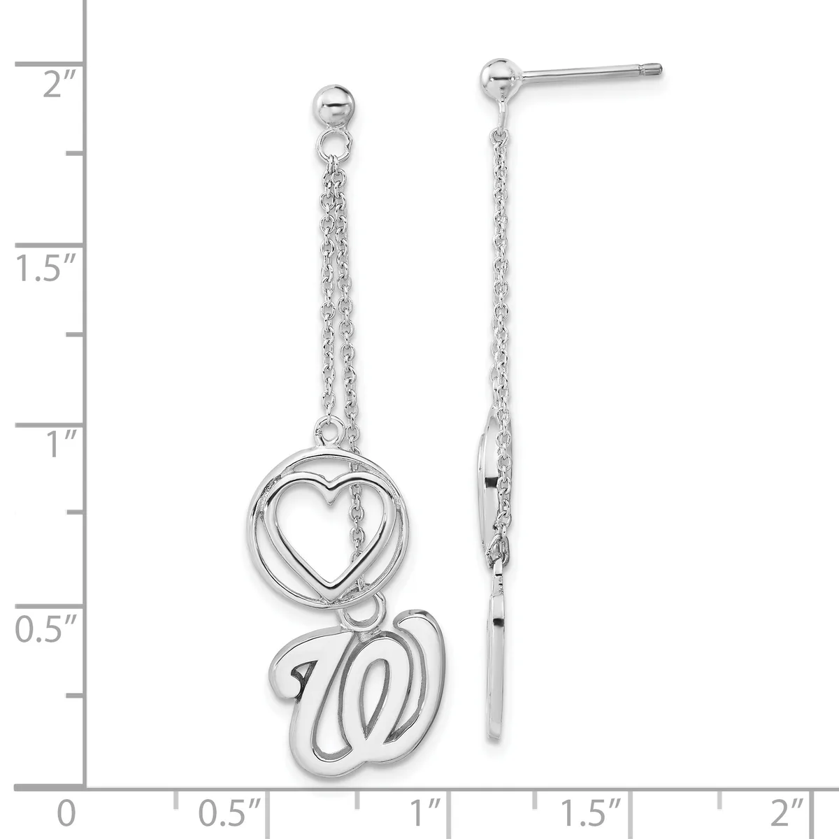 Silver dangle earrings with chain posts, each featuring a heart outline above a cursive initial W, shown against a ruler measuring approximately two inches in length.
