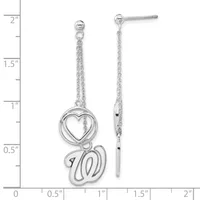 Silver dangle earrings with chain posts, each featuring a heart outline above a cursive initial W, shown against a ruler measuring approximately two inches in length.