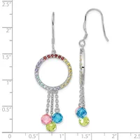 Silver earrings with multicolored rhinestone circles and dangling gemstone beads in pink, blue, and yellow-green, displayed on a measurement scale.
