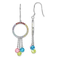 Pair of silver-tone dangle earrings with multicolored rhinestone circles at the top and three faceted gemstone drops in pink, blue, and yellow-green hanging below.