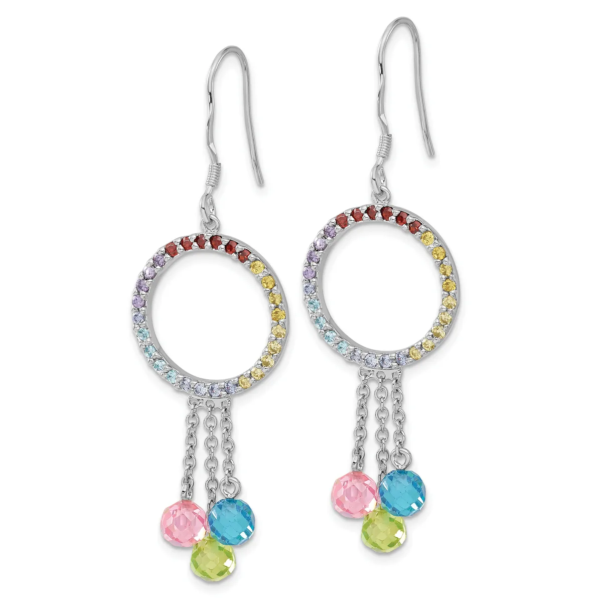 A pair of silver-toned dangle earrings featuring circular rings set with multicolored gemstones in a rainbow gradient, suspended from fish hook wires with dangling faceted stone drops below.