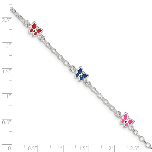 Silver chain bracelet with three colorful enamel butterfly charms in red, blue, and pink, displayed against a measurement scale.