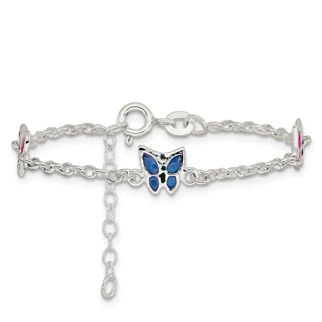 Silver-toned chain bracelet with a blue enamel butterfly charm in the center and pink enamel charms on each end, displayed against a white background.