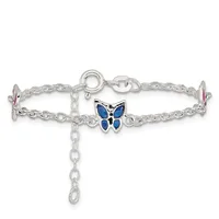 Silver-toned chain bracelet with a blue enamel butterfly charm in the center and pink enamel charms on each end, displayed against a white background.