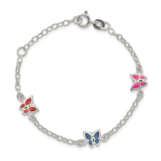 Silver chain bracelet with three enamel butterfly charms in red, pink, and blue, featuring a spring ring clasp.