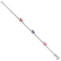 Silver chain bracelet with three enamel butterfly charms in red and blue, featuring a small stamped hallmark and adjustable clasp.