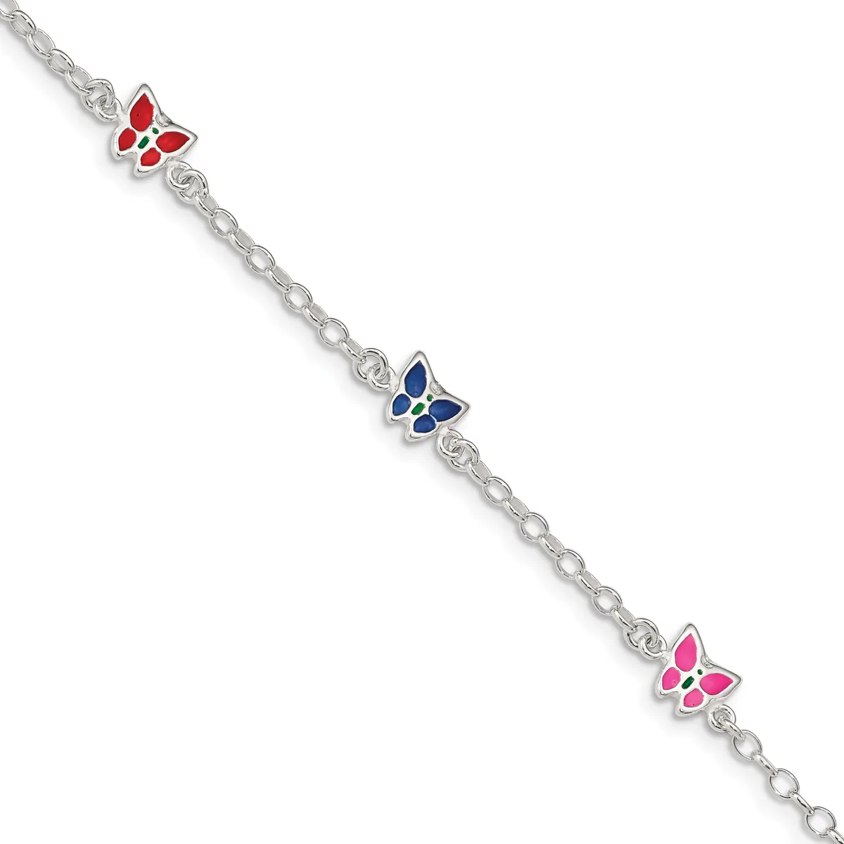 A silver chain bracelet featuring three colorful enamel butterfly charms in red, blue, and pink.