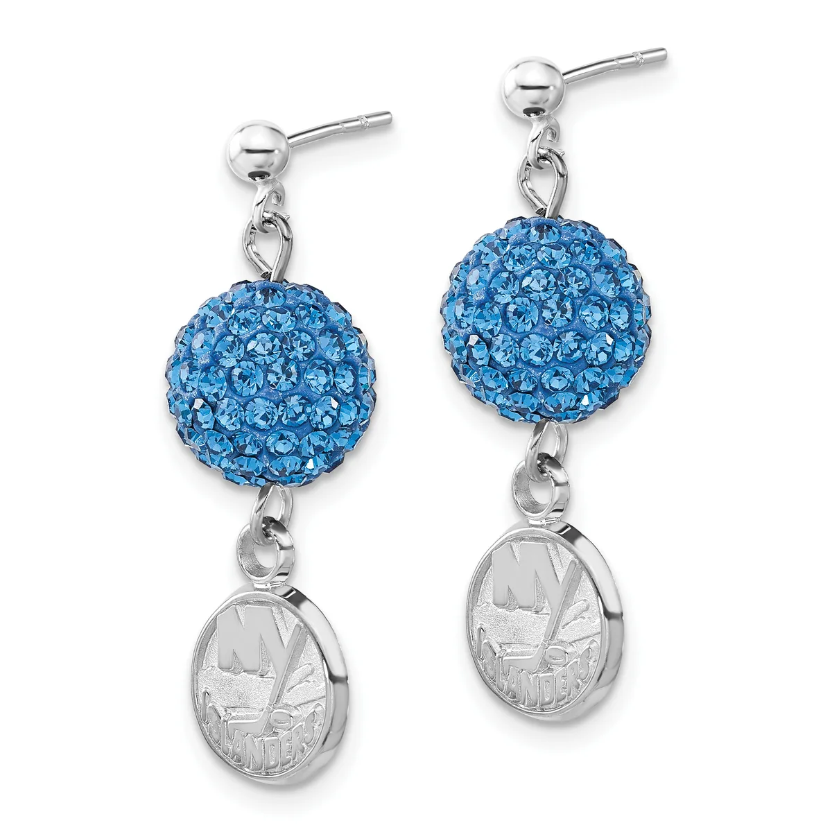 A pair of silver stud earrings with blue crystal-encrusted spheres suspended above small oval medallions featuring an engraved landscape scene.