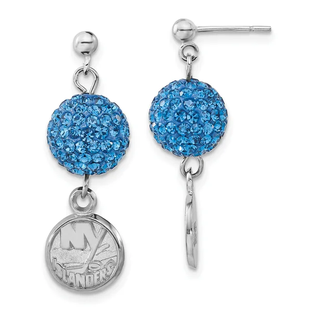 A pair of silver-toned drop earrings featuring blue crystal-encrusted spheres suspended above small circular medallion charms, displayed from front and back views.