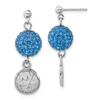 A pair of silver-toned drop earrings featuring blue crystal-encrusted spheres suspended above small circular medallion charms, displayed from front and back views.