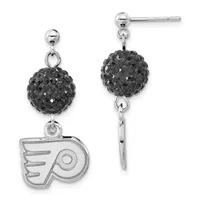 A pair of silver earrings with black crystal ball charms hanging from ball posts, one featuring a Philadelphia Flyers logo charm below the crystal ball.