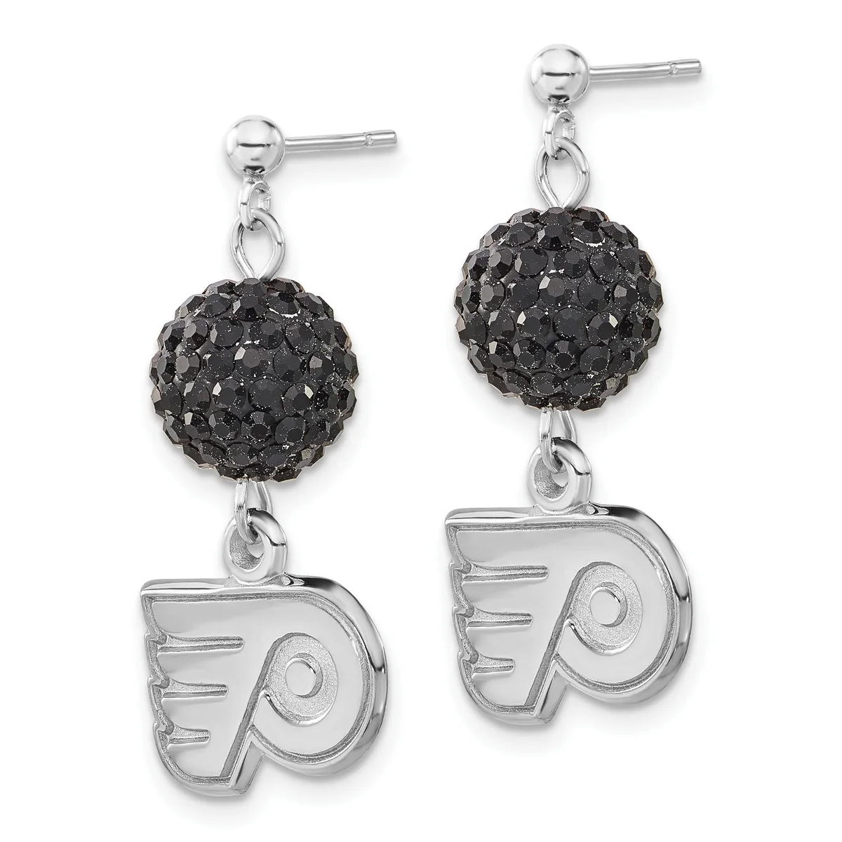 Pair of silver dangle earrings with black crystal ball tops and Philadelphia Flyers logo charms hanging below.