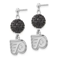 Pair of silver dangle earrings with black crystal ball tops and Philadelphia Flyers logo charms hanging below.