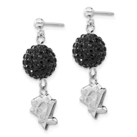 A pair of silver stud earrings with black crystal-covered spheres suspended above small silver charm pendants shaped like boots.