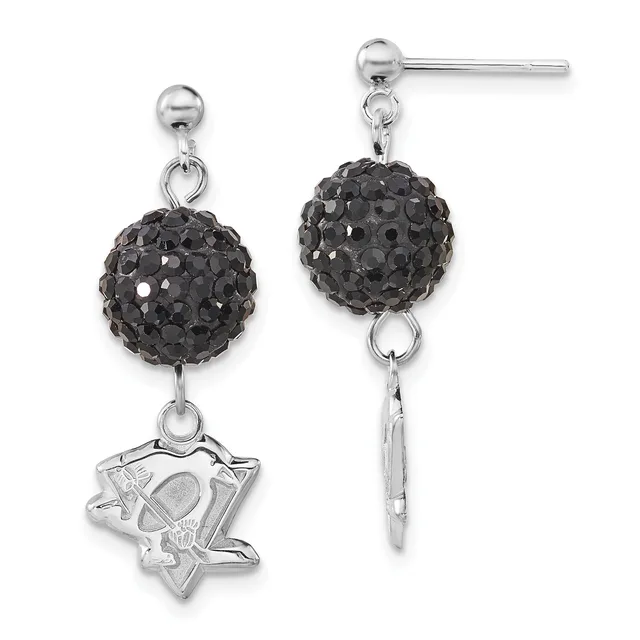 Pair of silver dangle earrings with black crystal ball studs and small star charms suspended below.