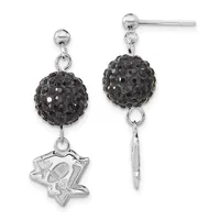 Pair of silver dangle earrings with black crystal ball studs and small star charms suspended below.