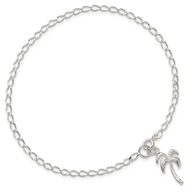 Silver-toned chain bracelet with an oval link design and a palm tree charm hanging from the clasp.