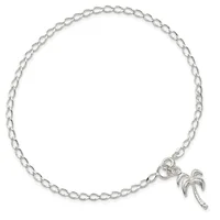 Silver-toned chain bracelet with an oval link design and a palm tree charm hanging from the clasp.