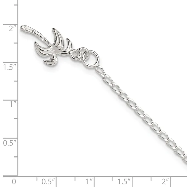 Silver charm bracelet featuring a decorative leaf-shaped pendant and chain, shown against a ruler measuring approximately two inches in length.
