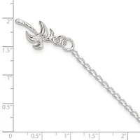 Silver charm bracelet featuring a decorative leaf-shaped pendant and chain, shown against a ruler measuring approximately two inches in length.
