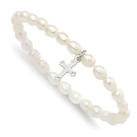 Sterling Silver Pearl Children's Stretch Cross Bracelet — 5 in · Sterling Silver · White