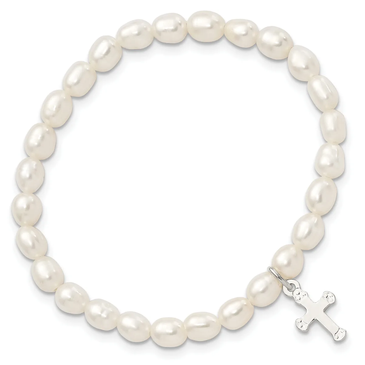 A stretchy bracelet made of round white pearl beads with a small silver-toned cross charm attached.