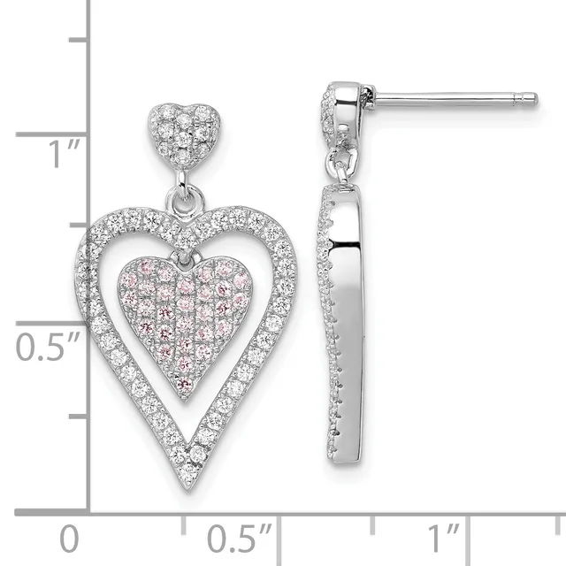 Pair of sterling silver heart drop earrings with small pave diamond tops and larger pave diamond outer hearts with pink sapphire-filled inner hearts, shown with measurement scale.